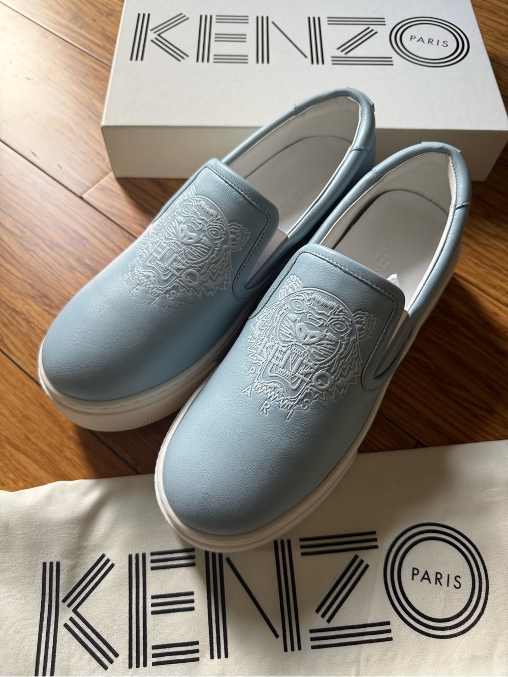 Kenzo Pale Blue Embossed Tiger Slip-On Mules 38 7.5